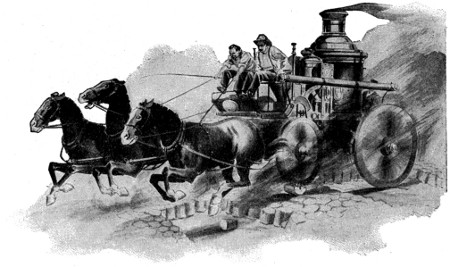 Three-horse fire engine at full speed