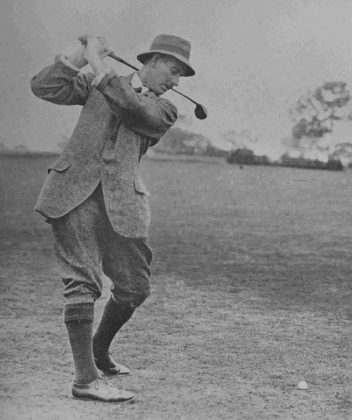 PLATE IV.

HARRY VARDON

At the top of his swing in the drive. This is a fine illustration of
Vardon's perfect management of his weight, which is mainly on his left
foot. Observe carefully the wrists, which are in the best possible
position to develop power.