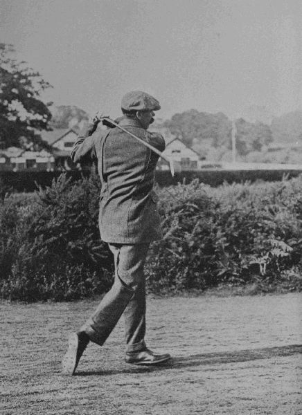 PLATE IX.

JAMES BRAID

Here, in spite of what Braid says, it will be seen that his weight at
the finish goes almost entirely on to the left foot.