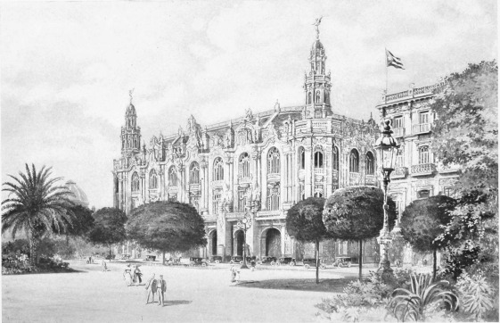 NATIONAL THEATRE, CENTRAL PARK, HAVANA

The builders of the city of Havana through more than four centuries paid
commendable attention to the right placing of important buildings, not
only for convenience but also for picturesque and artistic effect. Thus
the National Theatre, one of the most commodious and beautiful
playhouses in the world, has for its setting the equally beautiful
Central Park, and is approached by the famous thoroughfare of the Prado.
Other notable public and private buildings are suitably grouped about
it, making a civic centre of rarely impressive appearance.