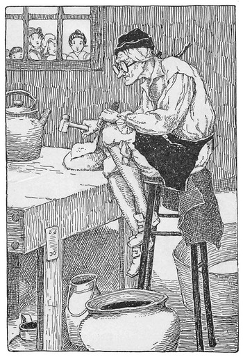 “HE PERCHED HIMSELF UPON A STOOL BESIDE HIS WORK BENCH”