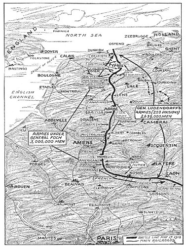 PERSPECTIVE MAP SHOWING LOCATION OF OPPOSING FORCES IN PICARDY AND FLANDERS. THE BLACK ARROW LINE ON THE RIGHT SHOULD NOT BE MISTAKEN FOR THE OLD BATTLELINE, WHICH IS NOT INDICATED AT ALL. GENERAL SIXT VON ARNIM'S FORCE, EAST OF YPRES, WAS INADVERTENTLY OMITTED