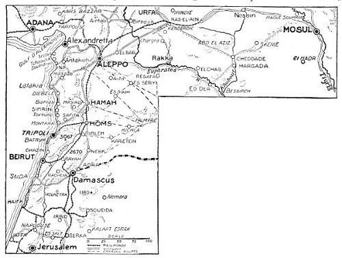 MAP OF PALESTINE AND MESOPOTAMIA, WHERE TWO BRITISH ARMIES ARE AIMING AT BAGDAD RAILWAY