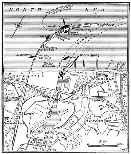 PLAN ILLUSTRATING THE FIGHT AT THE ZEEBRUGGE MOLE, THE BLOCKING OF THE BRUGES CANAL, AND THE LOCATION OF SUNKEN SHIPS