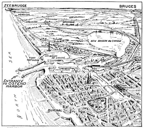 PERSPECTIVE MAP OF OSTEND HARBOR, WITH ZEEBRUGGE IN THE DISTANCE