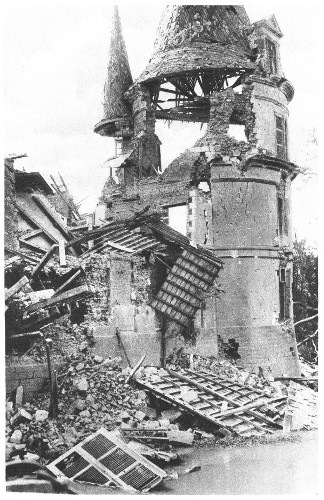 A French château shelled by the Germans after they had been driven from the village by Canadians
