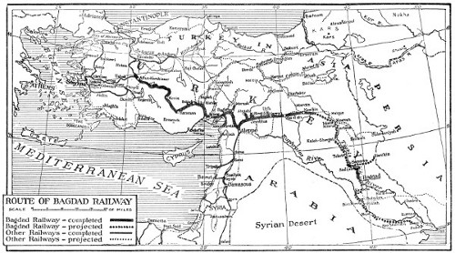 MAP SHOWING THE COMPLETED AND PROJECTED SECTIONS OF THE BAGDAD RAILWAY, THE GERMAN ENTERPRISE THAT FIGURED AMONG THE PRIMARY CAUSES OF THE WAR