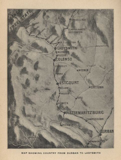 MAP SHOWING COUNTRY FROM DURBAN TO LADYSMITH
