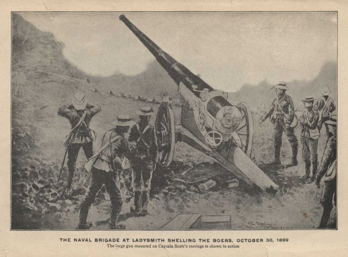 THE NAVAL BRIGADE AT LADYSMITH SHELLING THE BOERS, OCTOBER 30, 1899.  The large gun mounted on Captain Scott's carriage is shown in action.