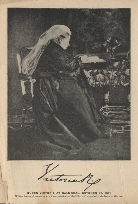 QUEEN VICTORIA AT BALMORAL, OCTOBER 22, 1899. Writing letters of sympathy to the near relations of the killed and wounded at the battle of Glencoe.