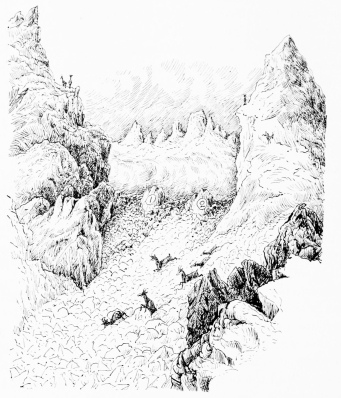 A CHAMOIS DRIVE—PICOS DE EUROPA

Diagram illustrative of text. Our positions on arête marked (1) and (2);
“Cathedral” on right. Valley beyond full of driving mist (passing our
power to depict).