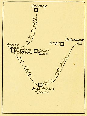 map or diagram of Jesus' journey from Grethsamane to Calvary