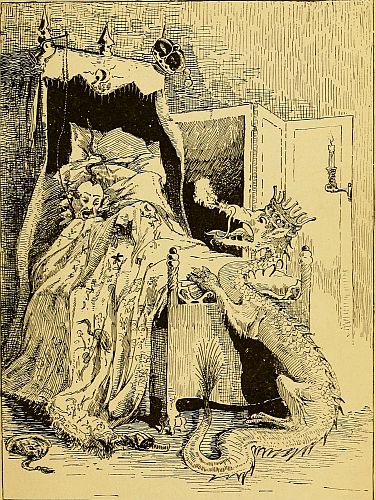 Man in bed with dragon at foot of bed