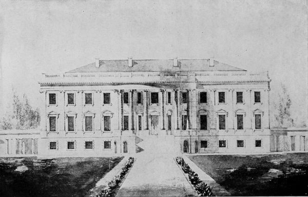 Black and white painting of the white house
