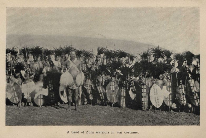 A band of Zulu warriors in war costume.