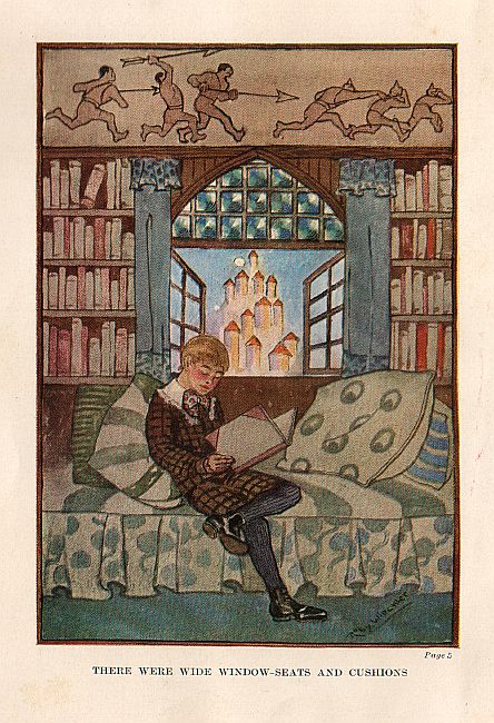 [A boy sitting on a bed, reading.  A castle is visible through the window behind him.]