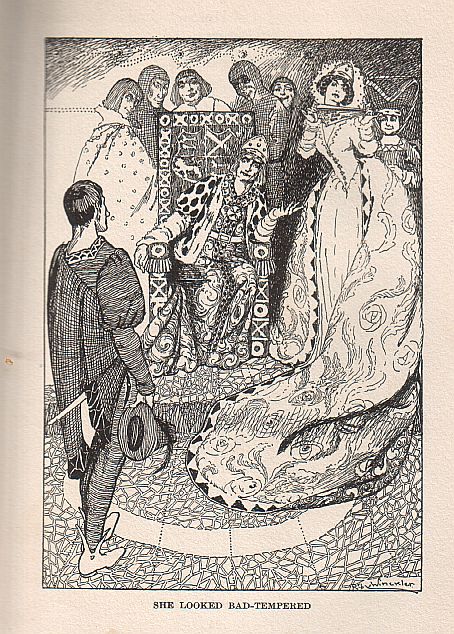 [The king, on his throne, is introducing Arthur to his giant daughter, who towers above him.]