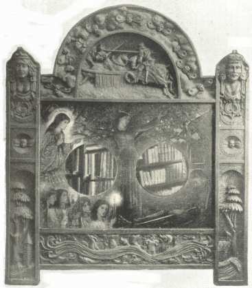 One of the Carved Mirrors at ‘The Pines,’ decorated
with Dunn’s copy of the lost Rossetti Frescoes at the
Oxford Union