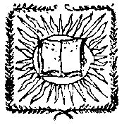 A wreath-like square border surrounds a  primitive drawing of a sun, with an open book superimposed.