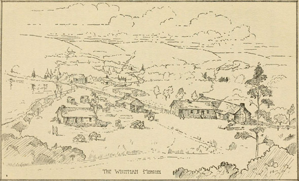 Illustration with the Mansion House, Blacksmith Shop, mill and the the Whitman's home