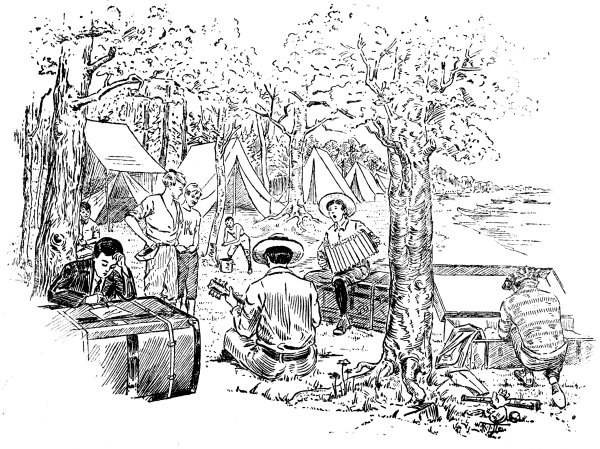 Boys sitting around in camp