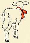 back view of lamb with red bow around its neck