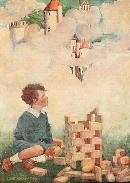 boy on lawn building tower with blocks, castle in sky above his head