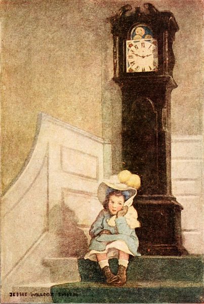 Girl sitting on stairs with big clock behind her
