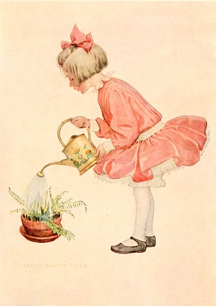 Girl wattering a fern in a pot