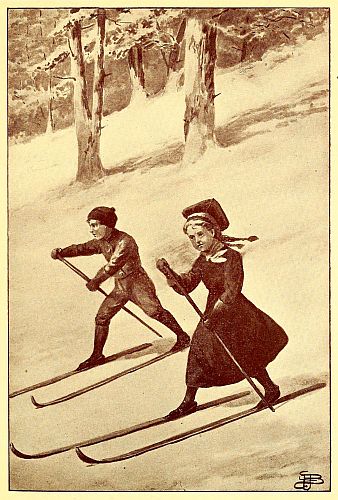 Boy and girl skiing with one pole down a hill