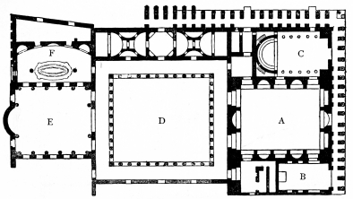 Fig. 292.—Flavian Palace.

A. Tablinum; B. Lavarium; C. Basilica; D. Atrium; E. Dining-hall
(Œcus); F. Nymphæum.