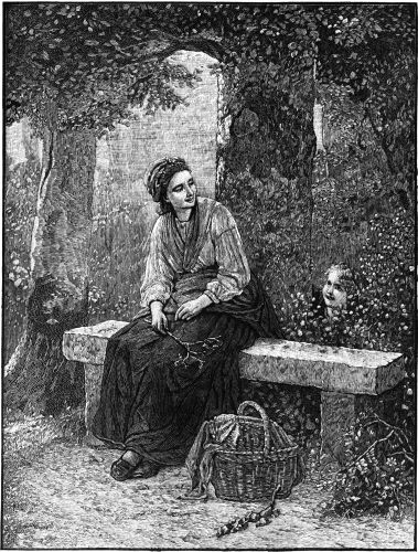 Woman sitting on bench; little girl peeping through bush behind bench