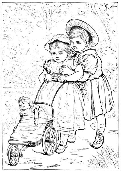 Two girls pushing a stroller with dolly in it