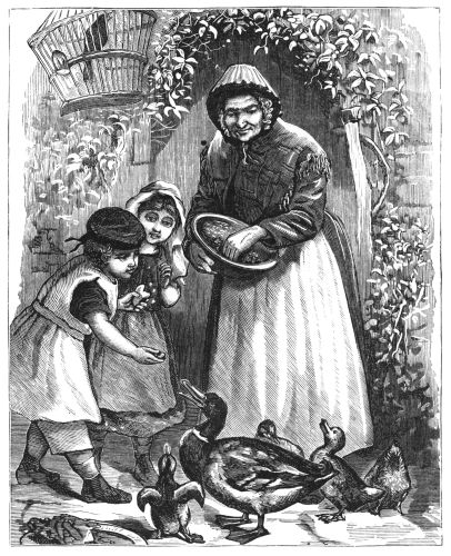 Woman and children feeding ducks