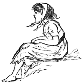 Girl sitting down with no shoes on and a handkerchief tied round her head