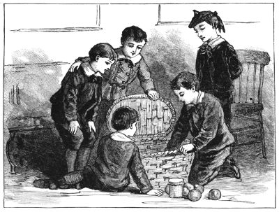 Boys gathered around a picnic hamper