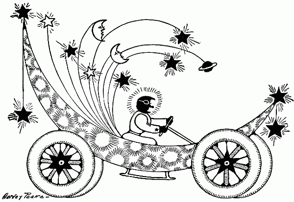 man in the moon driving crescent shaped car with stars all about it
