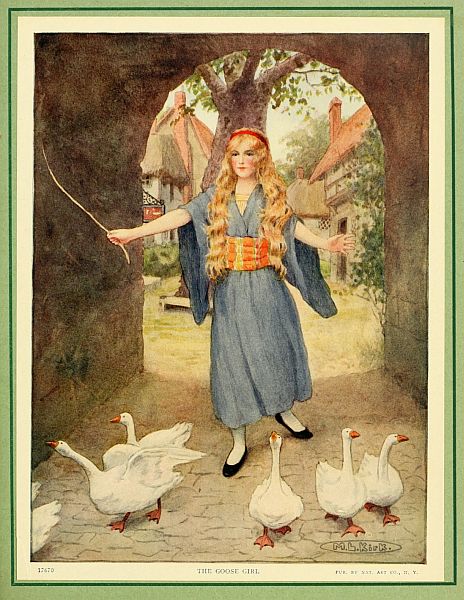 Goose girl in arched pasageway driving geese PUB. BY NAT. ART CO., N. Y.
