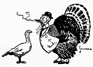 Turkey wearing hat and waistcoat and smoking a cigar talking to a younger turkey