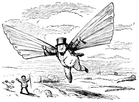 Cartoon of man flying off with arm-powered wings