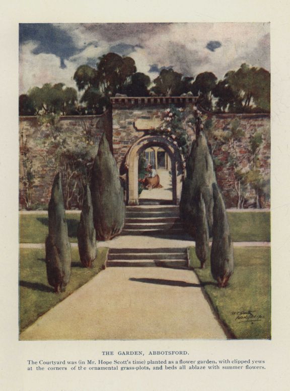THE GARDEN, ABBOTSFORD. The Courtyard was (in Mr. Hope Scott's time) planted as a flower garden, with clipped yews at the corners of the ornamental grass-plots, and beds all ablaze with summer Bowers.