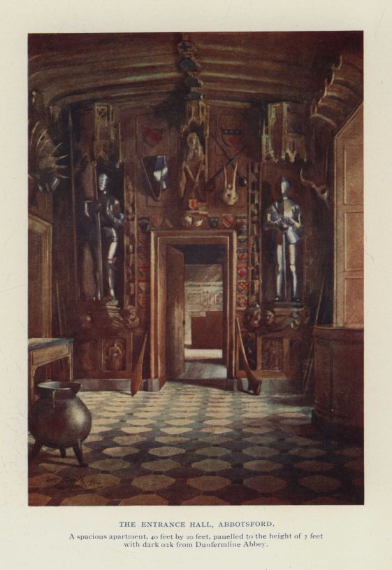 THE ENTRANCE HALL, ABBOTSFORD. A spacious apartment, 40 feet by 20 feet, panelled to the height of 7 feet with dark oak from Dunfermline Abbey.