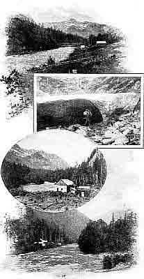Wooden panning sluices; railroad bridge; mining cave; two river cabins, one logged for homesteading.