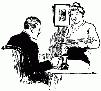 man sitting at table while woman brings his breakfast