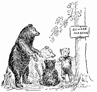 Family of bears looking at "Beware Forebear" sign on tree