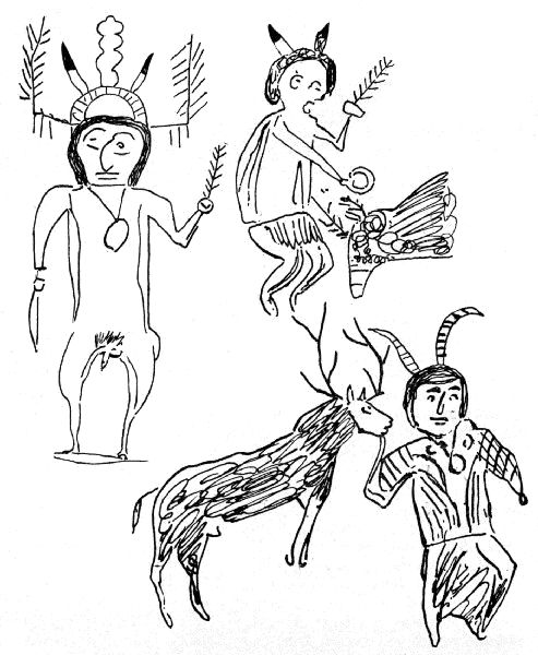 Fig. 442.—Apache kan or gods. (Drawn by Apache.)
