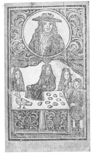 Frontispiece from Richard Neve’s work on magic, showing
him performing the egg and bag trick about 1715. Photographed from the
original in the British Museum by the author.