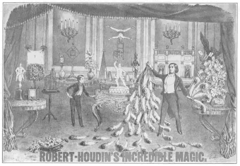 The only Robert-Houdin poster showing his complete stage
setting. This lithograph was made in France. From the Harry Houdini
Collection.