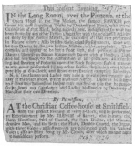 Clipping from the London Post, February 7th, 1724, in
which Fawkes announces his retirement and offers to teach his tricks to
all comers. Below this announcement is the advertisement of Clench,
famous as an imitator and an instrumentalist.