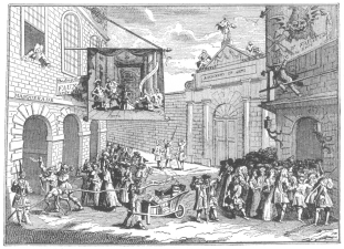 Masquerade and opera at Burlington Gate. Reproduction of
Hogarth’s engraving entitled “Taste,” belittling the artistic taste of
London. This caricature verifies the Fawkes advertisement, reproduced on
page 64, for here the conjurer is pictured leaning from the window of
the “long room” and calling attention to his performances. From the
Harry Houdini Collection.
